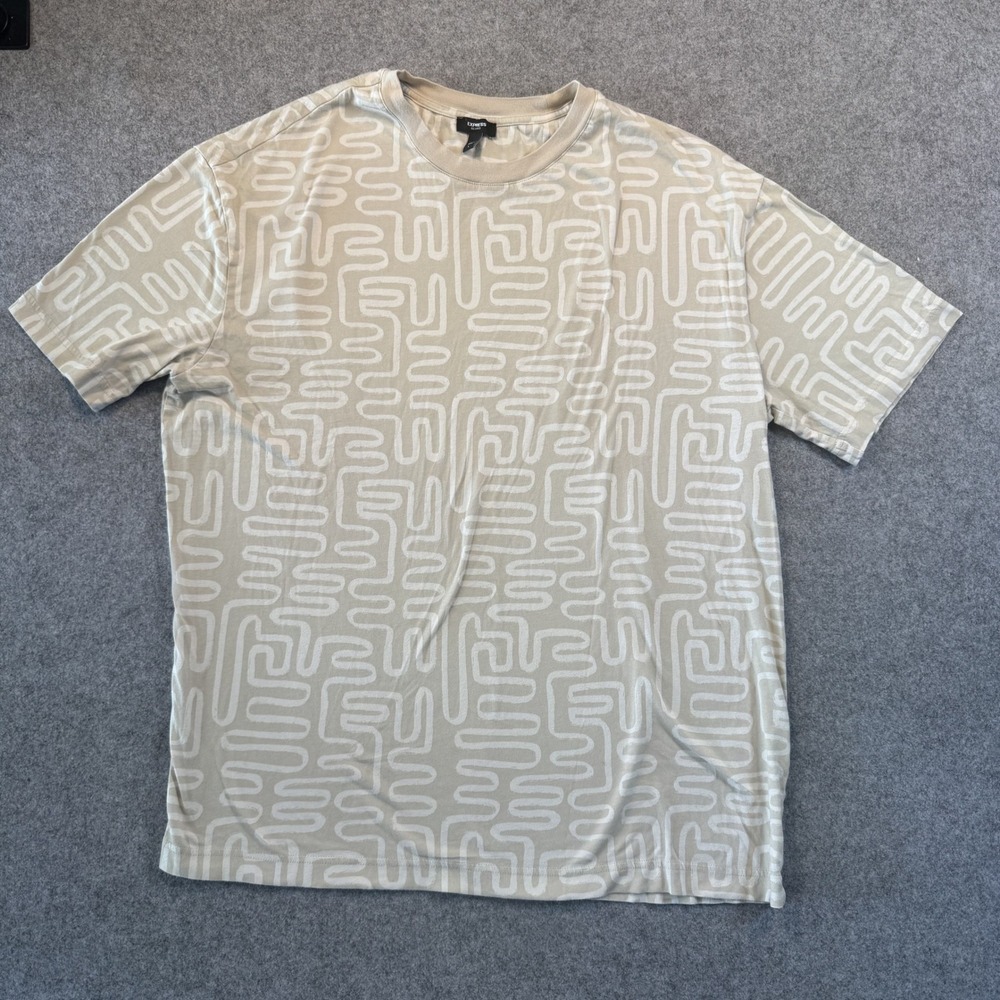 Express Relaxed Fit T-Shirt Large Tan Abstract Geometric Print Cotton